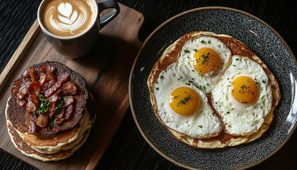 Breakfast with fried eggs bacon pancakes