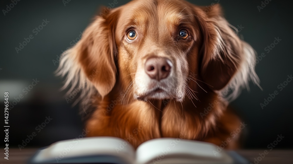 Poster brown dog is looking at the camera with its eyes wide open. the dog is standing in front of an open 