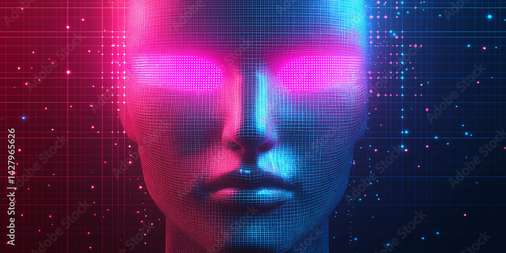 Poster futuristic ai face digital art cyberpunk style binary code machine learning neural network neon ligh