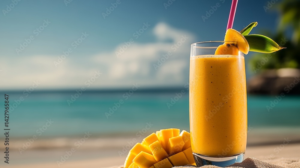 Poster glass of juice with a straw and a slice of mango on the side. the image has a relaxed and leisurely 