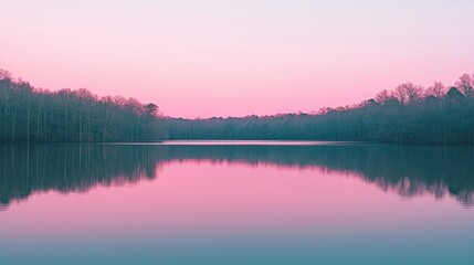 Fototapeta premium Pink sunset reflecting on calm lake, trees lining shoreline