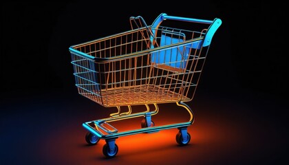 A metallic shopping cart, an object of commerce for retail purchase, sits empty against a black background