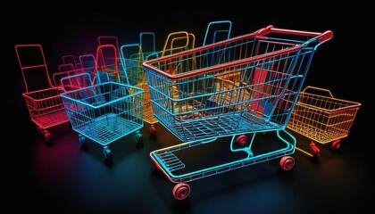 A metallic shopping cart, an object of commerce for retail purchase, sits empty against a black background