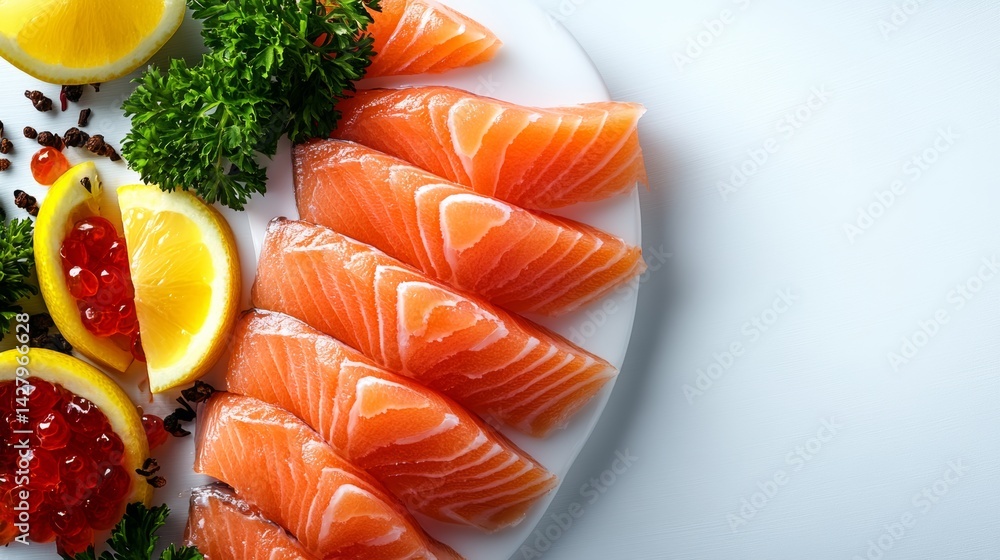 Poster plate of salmon and lemon slices. the salmon is cut into thin slices and the lemon slices are arrang
