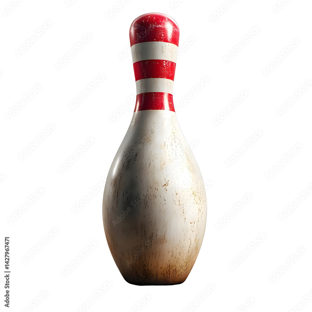 Poster vintage bowling pin with classic red and white striped design standing upright on a hardwood floor c