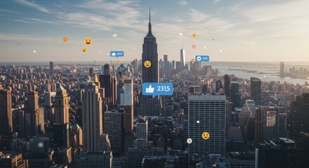 Cityscape with Social Media Icons Showcasing Engagement Levels  