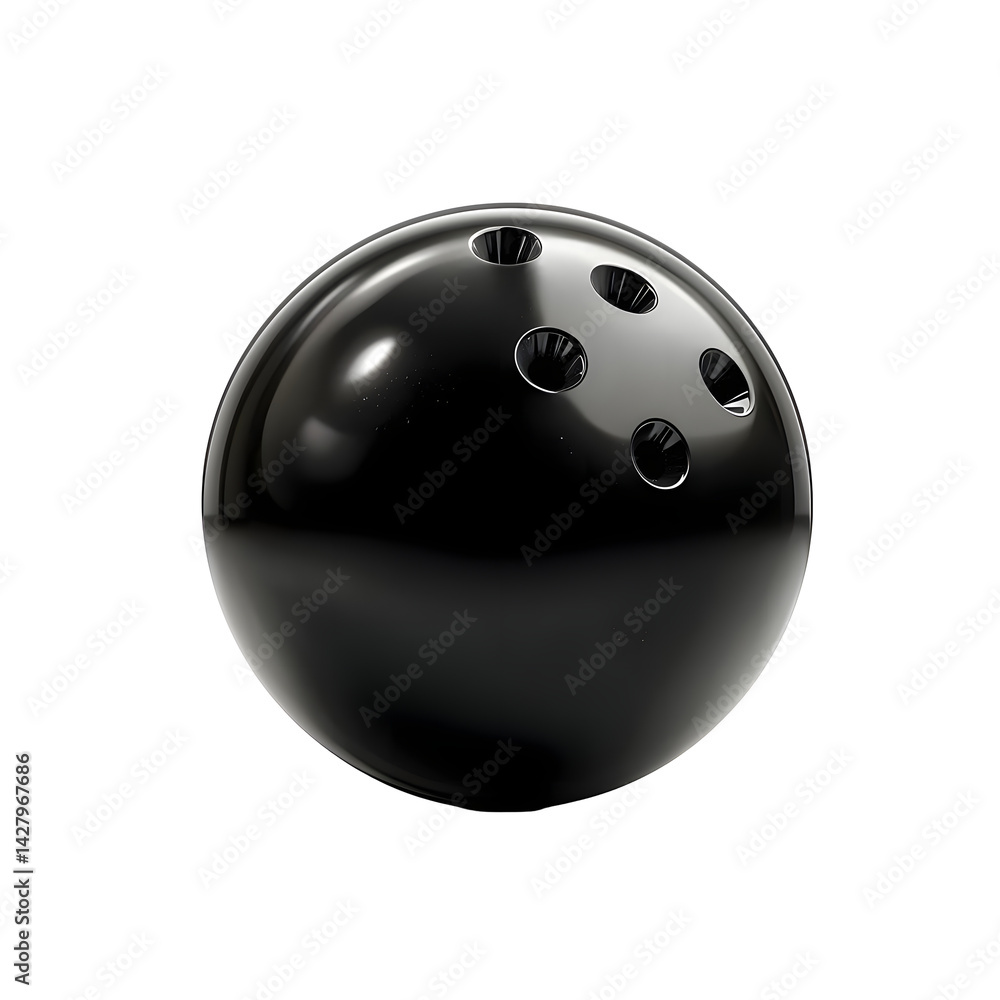 Poster a sleek shiny black bowling ball with a smooth reflective surface resting on a plain white backgroun