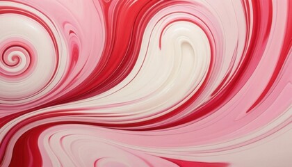 A vibrant red abstract art illustration features flowing pink lines in a wave-like motion, creating a textured backdrop