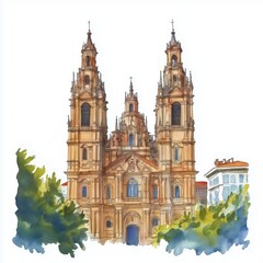 Obraz premium Cathedral of Santiago de Compostela. Cathedral of Santiago de Compostela hand drawn watercolor illustration