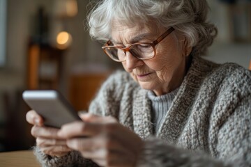 Senior woman using smartphone indoors while wearing cozy sweater and glasses in a warm environment