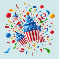 Obraz premium Festive Fourth of July Celebration 3D Render of Patriotic Cupcakes Confetti and Streamers