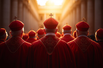 A group of cardinals in red mitres and burgundy robes, seen from behind at a papal conclave outside the Vatican Palace, with soft sunlight creating dramatic highlights and shadows.