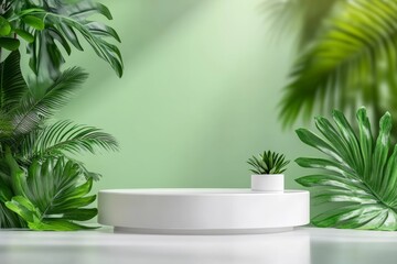 Obraz premium White pedestal with a plant in a white pot is surrounded by green leaves. The pedestal is empty, but it is set up to look like a display