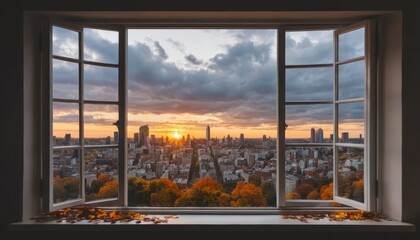 The urban skyline displays a panoramic view of the city under the orange and blue hues of either a sunset or sunrise, with clouds scattered across the sky