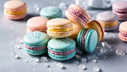 Colorful macaroons arranged on a wooden table with a variety of sweet pastel colors