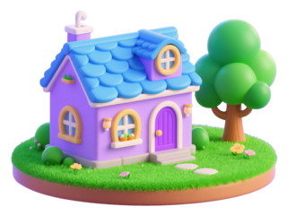 Luxury Cartoon miniature house, vibrant purple and blue colors, round windows, cute cottage, blue roof tiles, pink walls, green grass base, PNG file isolated on transparent background, cut out,