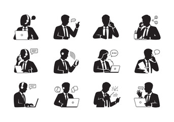 Business professionals using laptops and phones in communication scenarios, silhouette icons