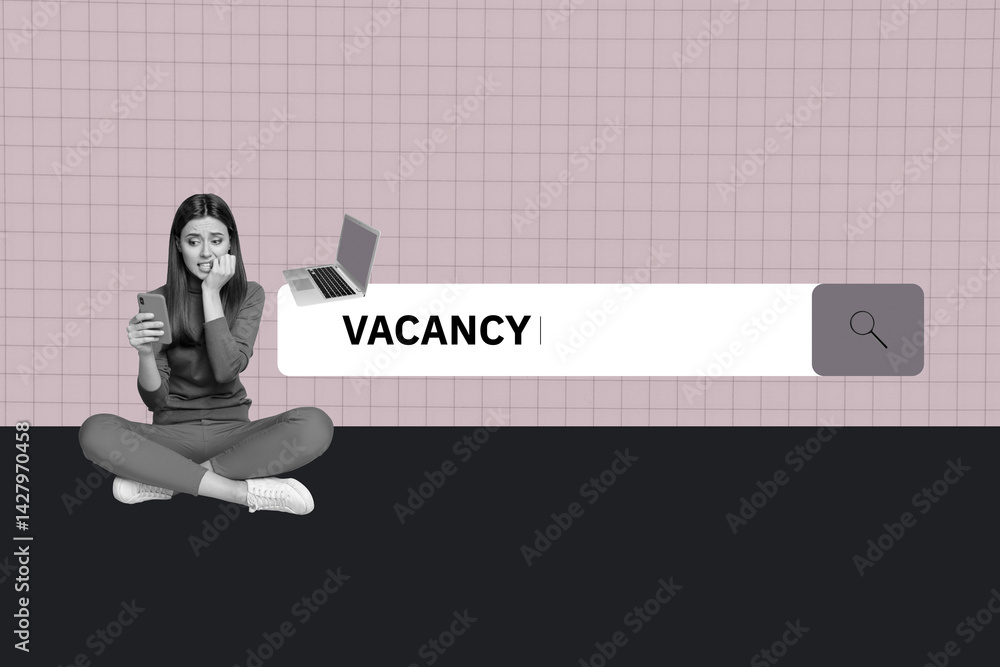 Poster visual abstract collage of person sit use smartphone browsing vacancy with netbook on pink backgroun