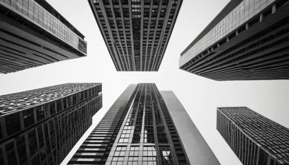 Fototapeta premium Chicago and New York City showcase their urban architecture with tall glass skyscrapers reflecting the blue sky in their downtown business districts