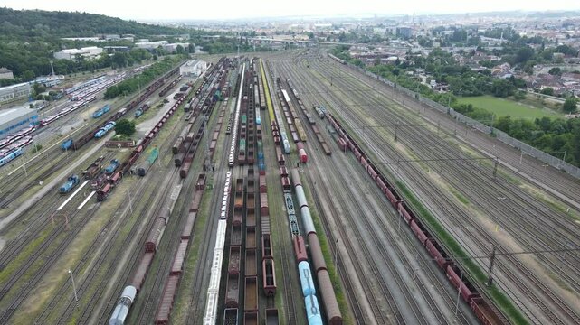 Railway marshalling yard in Brno, Czech Republic, Europe. Drone video, railway tracks, railway station, railway cars.