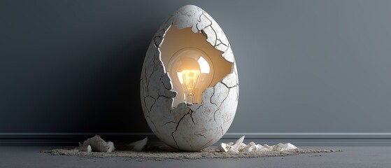 A symbolic concept of a broken eggshell revealing a glowing light bulb inside, representing new ideas, creativity, and innovation. Ideal for business, education, and creative content.