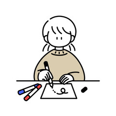 油性ペンの細い方のインクがまともに出た試しがない女の子のイラスト