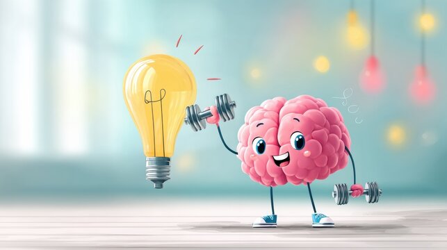 Cheerful Brain Lifting Weights While Holding a Light Bulb in a Bright and Colorful Background Showcasing a Lively Atmosphere