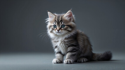 Adorable fluffy kitten sitting on gray background