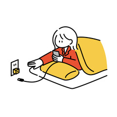 手の届かない位置で充電ケーブルが抜けてもどかしい女の子のイラスト