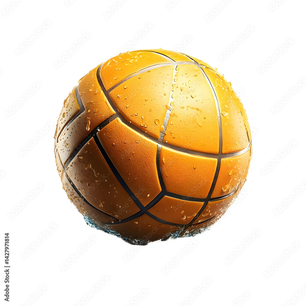 Poster an orange basketball ball with a textured surface is shown splashing through water against a plain w