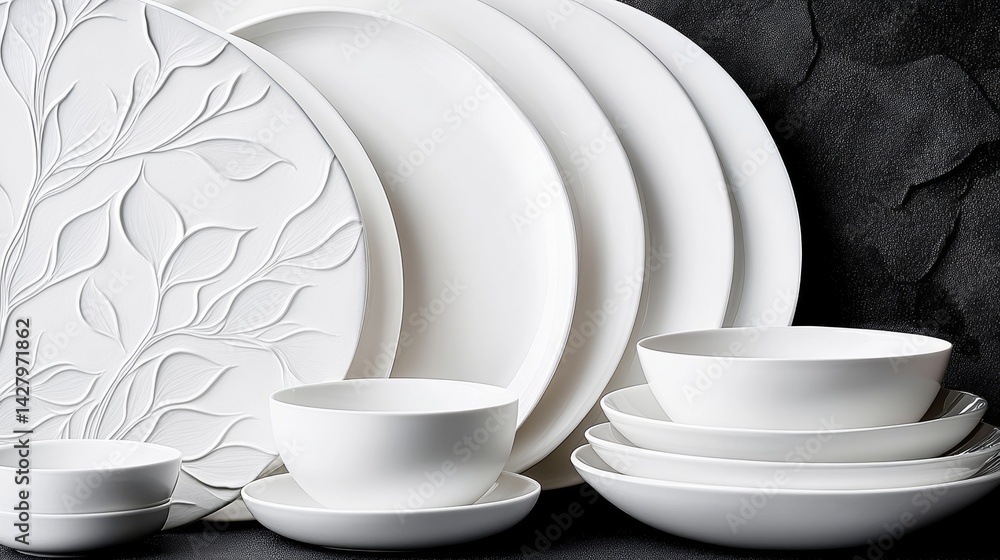 Poster collection of white plates and bowls with a tree design on them. the plates and bowls are arranged i