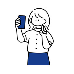 自撮りをしようとしたけど恥ずかしくてポーズがぎこちなくなる女の子のイラスト