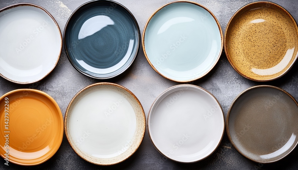 Poster row of white and colored plates are lined up on a counter. the plates are of different sizes and col