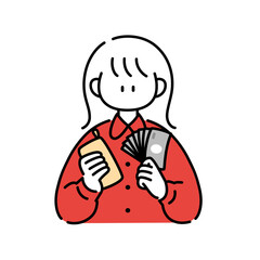 お金をおろしたら全部千円札で出てきた女の子のイラスト