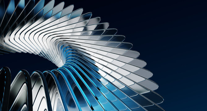 Abstract dark 3d background with glass curve wave effect of transparent square plates row. Crystal line pattern with blue gradient, light refraction, flare. Render digital tech banner. 3D illustration