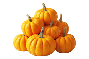 A pyramid arrangement of bright yellow pumpkins with brown stems isolated on white transparent background. Symbolizing autumn, harvest, and seasonal decoration