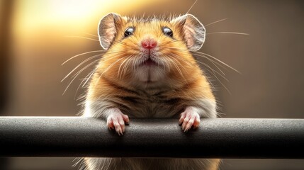 Small brown mouse is standing on a metal pole. The mouse has a curious expression on its face