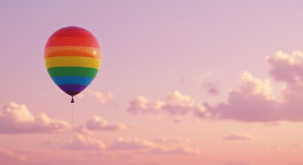 Fototapeta premium Rainbow colored balloon floating in a pink sky with clouds at sunset, representing pride, equality, diversity, and support for LGBTQ+ community during month celebration.