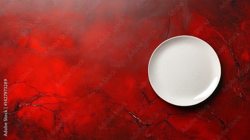 Poster white plate sits on a red background. the plate is empty and the background is a deep red color