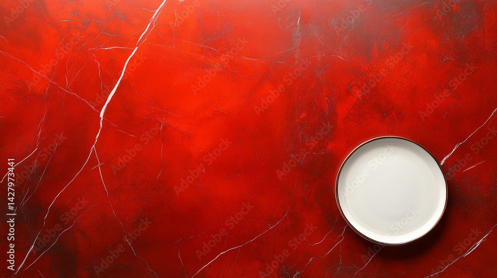Aufkleber white plate sits on a red background. the plate is empty and the background is a deep red color
