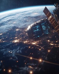 Futuristic Satellite Orbiting Earth at Night