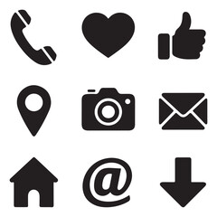 Essential Web Icons Set – Phone, Heart, Like, Location, Camera, Email, Home, At Symbol, Download