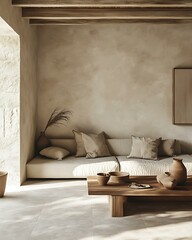 Modern Scandinavian home interior design characterized by an elegant living room featuring a comfortable sofa, mid century furniture, cozy carpet, wooden floor, white walls, and home plants.