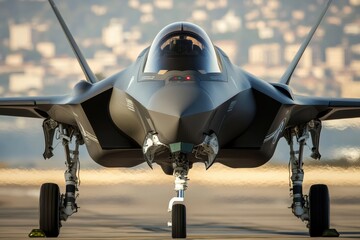 Fototapeta premium Modern fighter jet poised for takeoff at an airport in a clear sky during golden hour