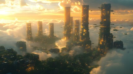 Fototapeta premium Futuristic utopian cityscape with towering structures rising through clouds, illuminated by a warm sunset, featuring green foliage