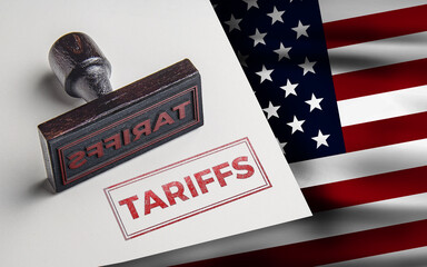 Import Trade Tariffs rubber stamp with United States of America flag background