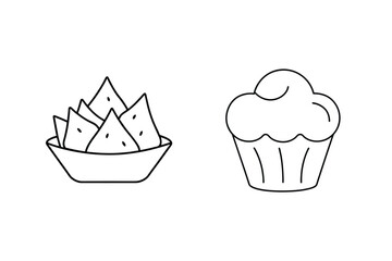 Simple Line Art Illustration Of Cupcake Dessert And Nachos Snacks Food