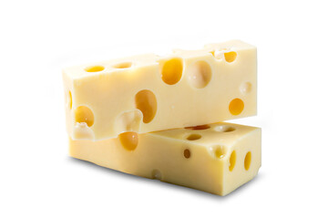 two pieces of maasdam cheese on a transparent background
