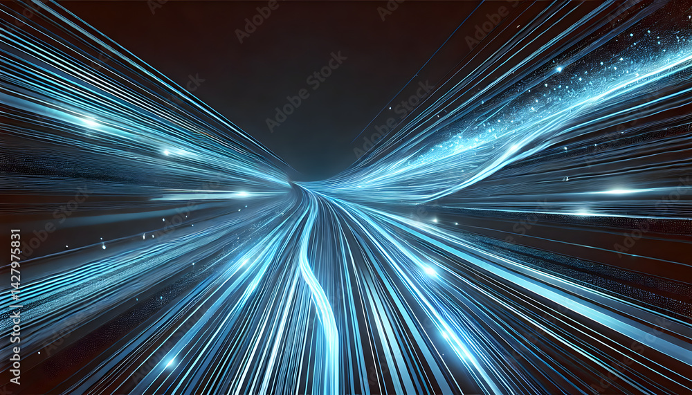 Poster dynamic streaks of blue light in a futuristic setting, representing speed, motion, and advanced tech