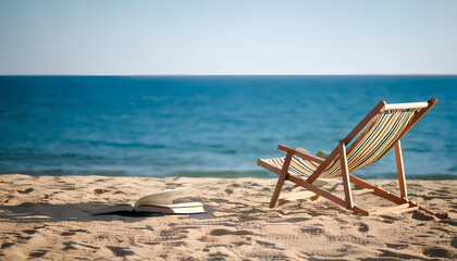Striped deck chair and open book on sandy beach facing the ocean, peaceful summer vacation scene with clear blue water
